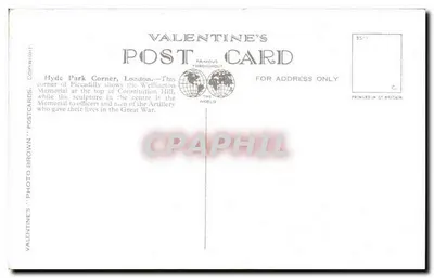 Hyde Park Corner, Londyn — widok placu z pomnikiem Wellingtona i łukiem wejścia — Valentine's Postcard n°98642 — Rewers