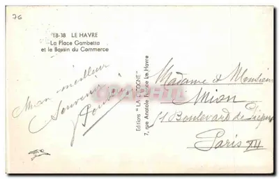Le Havre — Plac Gambetta i Basen Handlowy — Wydawnictwo 'LA CICOCNE' nr 76 — Rewers