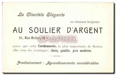 Rouen — W stronę Statuy Corneille — Wydanie specjalne, 'AU SOULIER D'ARGENT', Obuwie. — 21, rue Rollon, Rouen. — Rewers