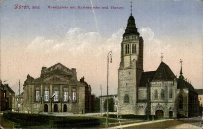 Düren, Rhld. — Hoeschplatz com Igreja de Maria e Teatro — Verlag Peter Eckers