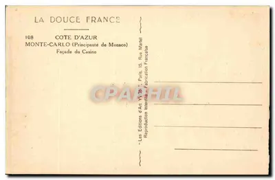 Fachada del Casino — Monte-Carlo (Principado de Mónaco) — Ediciones d'Arte YVON, París — Reverso