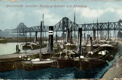 Ponte Rhénbrücke entre Duisburg-Ruhrort e Homberg — vista do porto com barcos a vapor — editor não identificado