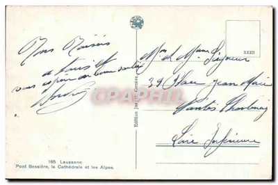 Lausana — Puente Bessière, la Catedral y las Alpes — Edición Jaeger, Ginebra, n° 165 — Reverso