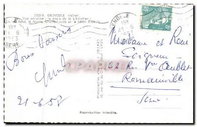 Grenoble (Isère) — Vista aérea: o curso da Liberação, o Néron, Châtelard e o Mont Richis — Fotógrafo Cellard, Lyon — Verso