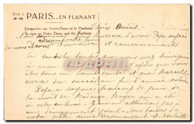 Parigi. In Passeggiata — Prospettiva su Notre-Dame e il Panthéon — Edizione d'Arte YVON, Parigi, N° 92 — Verso