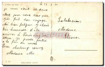 Vue de Paris — Hôtel de Ville et pont sur la Seine — éditeur CEB, S. 9/2 — Rewers