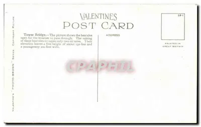 Most Tower w Londynie — widok z podnoszonymi mostkami — seria Valentine's 'Photo-Brown' n°43871 — Rewers
