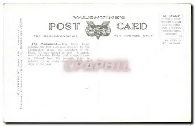 O Monumento, Londres — editor Valentine's Postcard, n° 7334 — Verso
