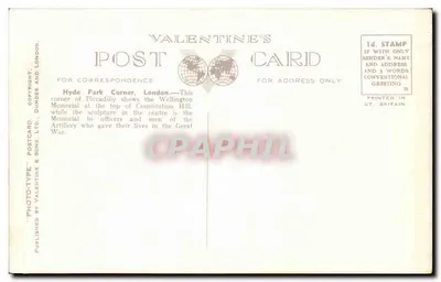 Hyde Park Corner, Londyn — widok panoramiczny z Arcem Triumfu i pomnikiem Artylerii — Valentine's Postcard, nr 98602 — Rewers
