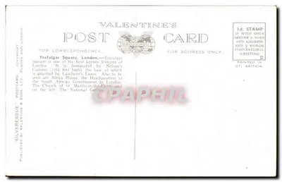 Trafalgar Square, Londres — vista del monumento de Nelson y de los edificios circundantes — Silveresque Postcard Ltd, n°221031 — Reverso