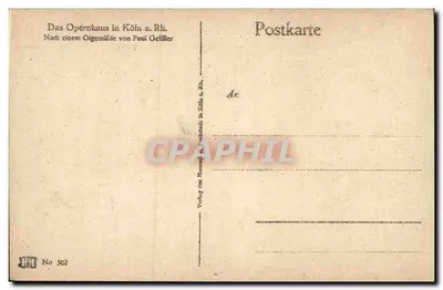 Cólnia, Casa da Ópera — reprodução de um quadro de Paul Geißler — editor Verlag von Baumbach in Köln a. Rh., n° 502 — Verso