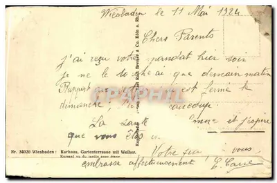 Wiesbaden, Kurhaus, Gartenterrasse z jeziorem — wydawca Rupprecht & Co. n° 34020 — Rewers