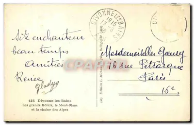 Divonne-les-Bains — Os grandes Hotéis, o Mont-Blanc e a cadeia dos Alpes — Edição L. Michaud, n°425 — Verso