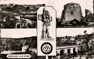 Mortagne-sur-Sèvre — vista panorâmica com castelo, estátua, ponte e rio — Editions Jehly-Poucain