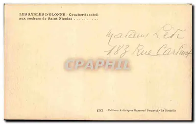 Les Sables-d'Olonne — Pôr do sol nos rochedos de Saint-Nicolas — Éditions Artistiques Raymond Bergevin — Verso