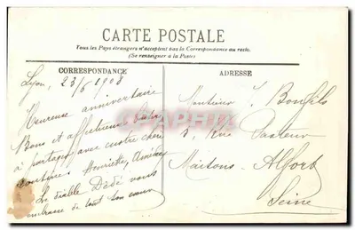 Uma Pensão de Lyon — cartão postal decorativo com flor de pensão e fotos de locais de Lyon — editor L.L. — Verso