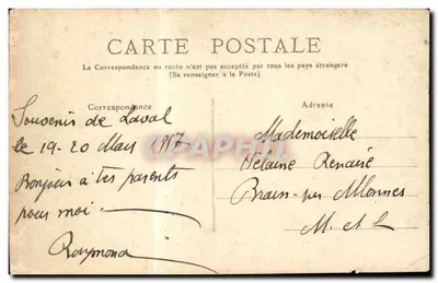 Stara pocztówka Laval Kaszarnia Corbineau 124. pułku piechoty Militaria — Rewers