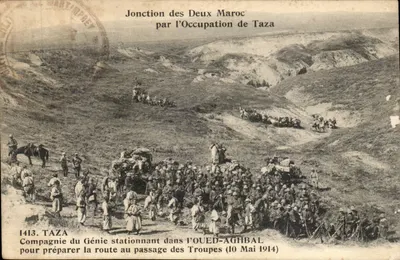 Junção dos Dois Marrocos pela Ocupação de Taza — Companhia do Génio estacionando no Oued-Aghbal para preparar a estrada para o desfile das Tropas (10 de Maio de 1914)