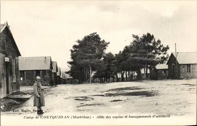 Camp de COETQUIDAN (Morbihan) — Allée des sapins et baraquements d'artillerie — Edit. Baglin, Rennes