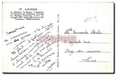 Lourdes — Vue panoramique et sites sacrés — Édition P. Douet, 8, Place Peyrounelle, Lourdes — Verso