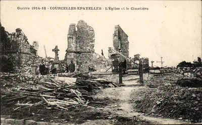 Courcelles-Epayelles — A Igreja e o Cemitério — Ruínas após a Guerra 1914-18