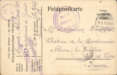 Castelo da Bordonnière — campo de prisioneiros — Feldpostkarte da Companhia do campo n° 203