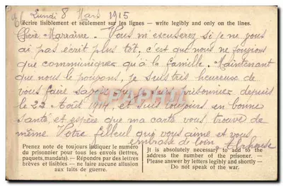 Castelo da Bordonnière — campo de prisioneiros — Feldpostkarte da Companhia do campo n° 203 — Verso