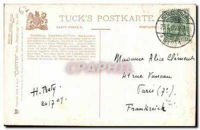 Strasburg, Kammerzell-Haus — Charles F. Flower, wydawca Tuck's Postkarte, seria 'Oliette' n°676 — Rewers