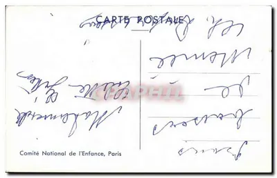 Kobieta w długim stroju i kapeluszu — witająca dzieci — Komitet Narodowy Dla Dziecka, Paryż — Rewers