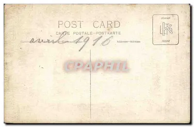 Vista de um campo militar — veículos e edifícios — datado 1916 — Verso