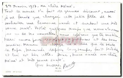 Dziewczynka w czerwonej i niebieskiej sukni z psem i choinką — seria N°3405, M.D. PARIS — Rewers