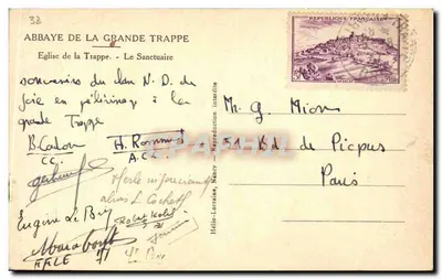 Bilhete postal antigo Abadia da Grande Trappe Igreja da Trappe O santuário — Verso