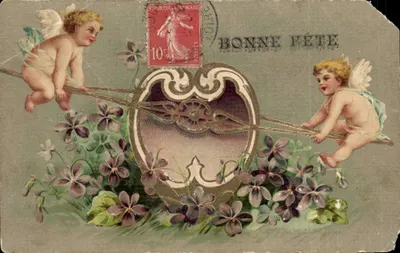 Deux Cupides jouant à la balançoire — cœur orné — éditeur inconnu, n° de série non visible