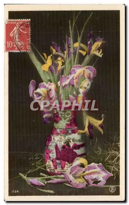 Flores de íris em um vaso decorado — série 1724 — editor não identificado