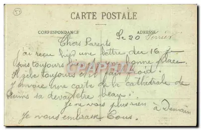 Reims — Catedral incendiada pelos alemães, 19 de Setembro de 1914 — Reprodução proibida, editor: Impressora de Reims, n° 3 bis — Verso