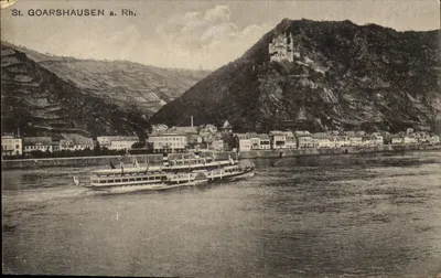 St. Goarshausen a. Rh. — Vista do Reno com barco e castelo na colina — editor G. Usinger