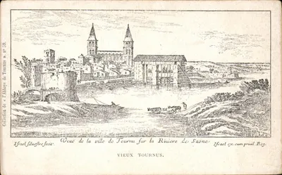 Vieux Tournus — vista da cidade sobre o rio Saône — Coleção da Abadia de Tournus, n° 39, gravura de Israël