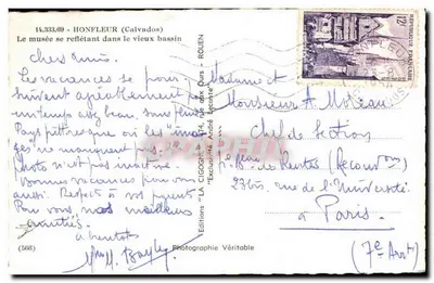 O museu refletido no velho bassin — Honfleur — Edições 'LA CIGOGNE' — Verso