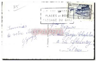 Noirmoutier — Widok plaży Dames, Anse Rouge, statek z Pornic, Las Chaise i miasto — F. Chapeau, wydawca, Nantes — Rewers