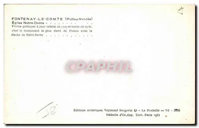 Fontenay-le-Comte — Igreja de Nossa Senhora com sua agulha gótica — Éditions Artistiques Raymond Bergevin — Verso