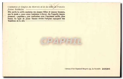 Młoda Sablaise — Czapki z Marais i wybrzeża Vendée — Wydawnictwo Sztuki Raymond Bergevin, La Rochelle, nr 20586 — Rewers