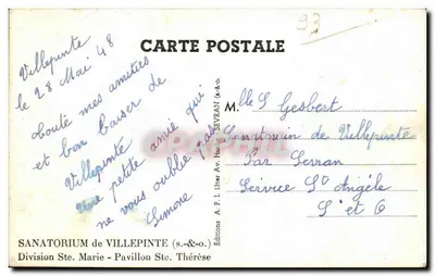 Sanatório de Villepinte — Divisão Ste. Marie — Edições A. P. I. 13ter Av. Hoche SEVRAN — Verso