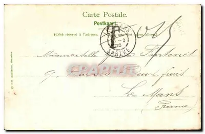 Bruxelas. Pátio do Pequeno Sablon — vista do pátio com fonte e edifícios — editor não identificado — Verso
