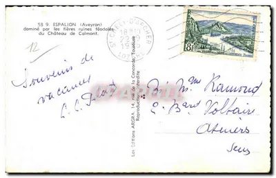 Espalion — dominado pelas orgulhosas ruínas feudais do Castelo de Calmont — ARGRA — Verso