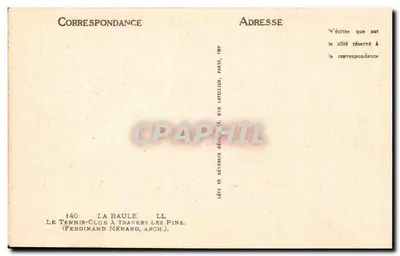 Tenisowy Klub wśród sosnowego lasu — La Baule — Wydawca: Ferdinand Ménard, Arch. — Rewers