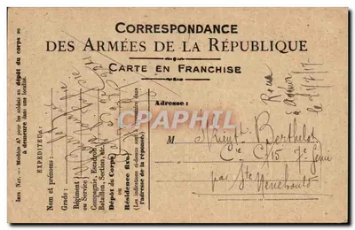Correspondance des Armées de la République — Carte en franchise — Expéditeur militaire à M. Bertheld