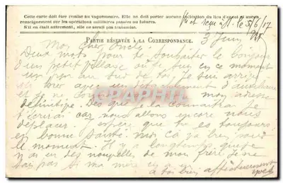 Korespondencja Armii Republiki — Karta w zwolnieniu — Nadawca: Kapitan Berthelot — Odbiorca: M. Berthelot, Coët 115, 7e Génie, przez St. Menehoult, Marne — Rewers