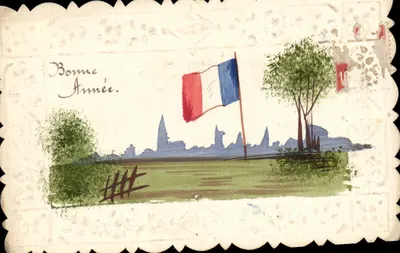 Vista de Paris com bandeira francesa — Boa Ano — editor desconhecido
