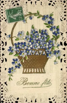 Arranjo de flores azuis — Boa festa — Editor desconhecido, número de série não visível
