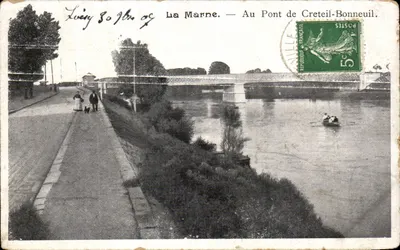 Bilhete postal antigo — La Marne no ponte de Créteil Bonneuil